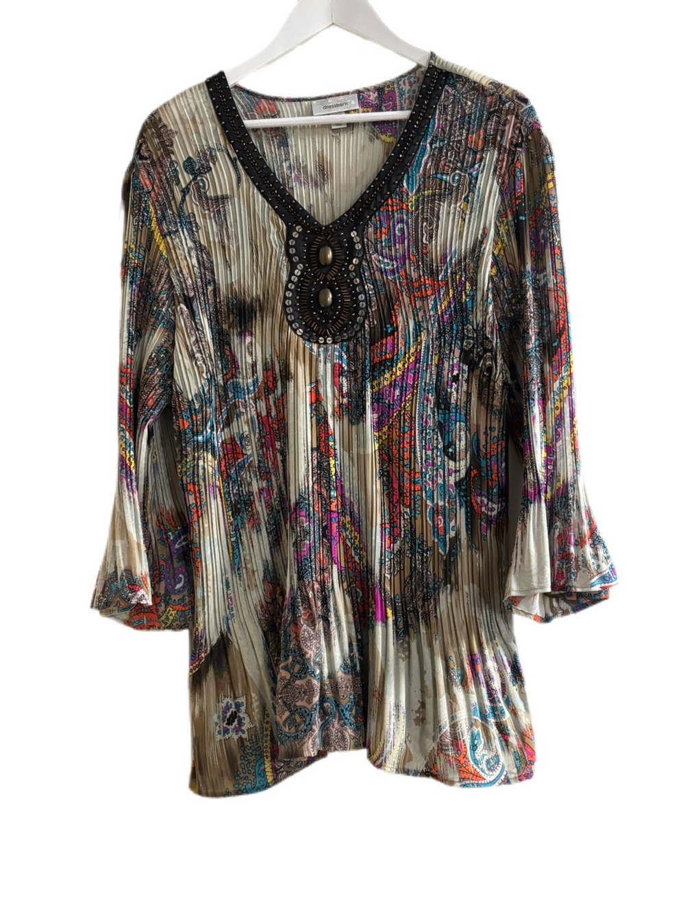 Vintage Dressbarn Fairycore Plissé Tunic Beaded Bell Sleeve Top Blouse 22/24